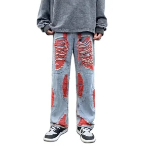 Calças de Denim Flare com Buracos em Patchwork Vermelho, Jeans Soltos para Homens, Personalizados de Fábrica, Estilo Hip-Hop de Alta Rua, Jeans de Designer de Alta Qualidade para Homens