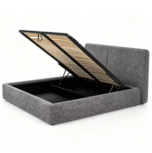 Cama de Quarto Estilosa Cama Contemporânea com Levantamento Cama Estofada em Tecido Boucle Cinza Cama com Espaço de Armazenamento Oculto Estrutura de Baixa Profundidade Cama Plataforma