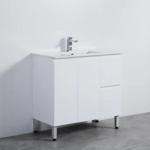 900mm PVC Bathroom Vanity Freestanding with Legs Gloss White Cabinet with Basin