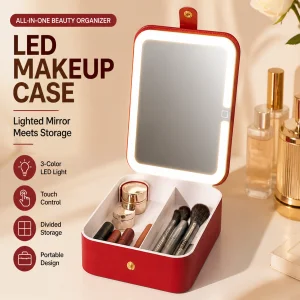 Mini Portable Foldable Makeup Case LED Lighted Single-Sided Mirror Compact Cosmetic Storage Bag For Purse Travel Quick Makeup