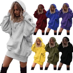 Women's Mid-Long Hooded Fleece Pullover Top Loose and Casual Design with Long Sleeves for Autumn and Winter Solid Color