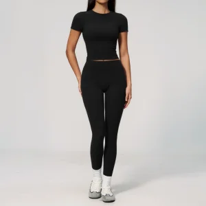 Roupas de Moda Fitness, Roupas Esportivas, Leggings de Cintura Alta para Corrida e Blusa Justa de Gola Redonda