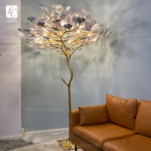مصباح أرضي حديث بتصميم فاخر من الراتنج مع شجرة الجنكو بتقنية الإضاءة LED