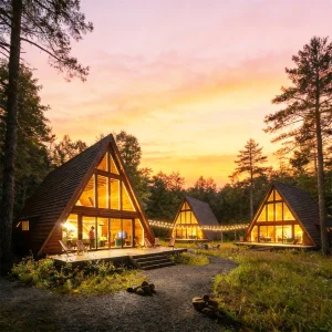 Customized Wooden Style a Frame Cabin Kits Prefabricated Steel Structure Triangle House for Temporary &amp; Permanent Project Use