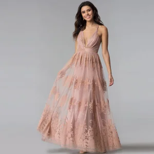Deep V Spaghetti Strap Flocked Tulle Maxi Gown High Waist A-Line Bridesmaid Muslim Wedding Dress OEM Custom