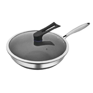 High Quality Cheap Cookware Triply Stainless Steel Honeycomb Cooking Fry Big Wok Pan with Glass Lid
