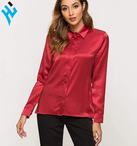 Women's Satin Silk Blouse Long Sleeve Formal Work Button Down Blouses | Office Wear Basic Simple RED Top Satin Silk Dress Shirts