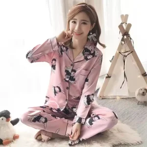 Pijamas de cartoon de otoño impresos para dama, manga larga de seda, sexy, mujer más joven, ropa de dormir de satén casual