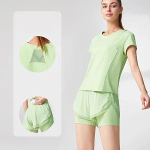 Atacado de Fábrica 5XL Roupas de Ginástica Plus Size para Mulheres, 2 Conjunto de Camisetas de Verão para Corrida com Bolso Oculto e Shorts Atletas
