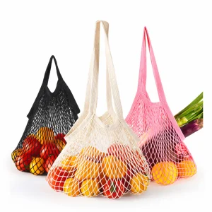 Custom Size Eco Organic Cotton Mesh Net Shopping Shoulder Bag Reusable Vegetable Fruit Packing Food Produce Bag For Promotional
