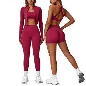 4pcs Hot Sale Zipper Jackets Top Bra Shorts Leggings Gym Workout Active Wear Fitness Clothing Sportswear Sports Yoga Sets Women
