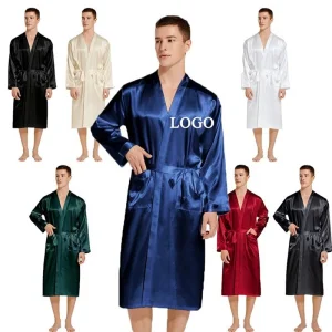 2026 Bata de satén sólida sexy de talla grande, kimono largo, vestido de noche, pijamas para hombres, bata de baño para hombres