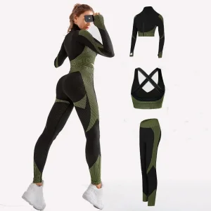 Factory Wholesale Sports 3-Pieces Shockproof Leggings Zip Jackets Bra Seamless Yoga Set Activewear