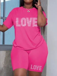 Women's Casual Two Piece Summer Outfits Breathable Logo O-Neck Short Sleeves Spandex Polyester Love Letter Printed T-shirt Pants
