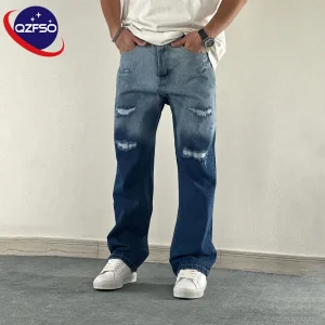 Custom Ripped Trousers Distressed Denim Pants Acid Washed Retro Straight Men's Jeans