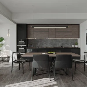 Mueble de cocina moderno de madera maciza antigua de lujo, armario de cocina de acero inoxidable personalizado en acero