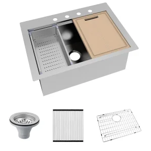 Aquacubic 25 X 22 Inch 18/16 Gauge Topmount Deep Single Bowl Sinks Ledge Workstation, Drop in Kitchen Sinks