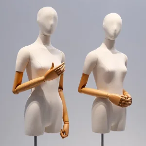 High End Upper Body Mannequin in Matte Grey/White with Abstract Face and Height Adjustable Metal Bracket Made of PP/PE/ABS/Fiberglass for Female Clothes Display