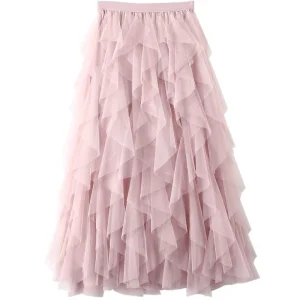 Tulle Skirts Womens Skirts Fashion Elastic High Waist Mesh Tutu Maxi Pleated Long Midi Jupe Women's Skirt