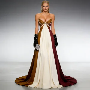 Chic Strapless Color Block Satin Evening Dresses
