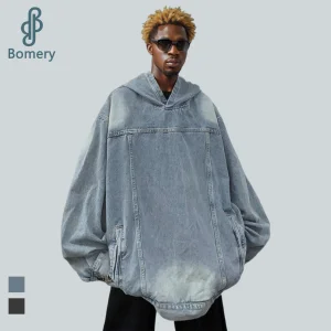 Bomery Unisex Heavyweight Cotton Washed Denim Pullover Hoodie Jacket Custom Men's Long Hooded Sweatshirts Puff Technics Print