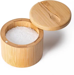 Bamboo Salt Cellar Storage Box With Magnetic Swivel Lid and Spoon Round Salt Container for Storing Salt Pepper Sugar Herbs