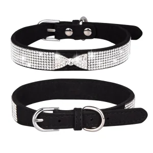 Rhinestone Dog Collar, Bling Diamond Pet Collars with Leash Adjustable, Dazzling Sparkly Crystal Studded Microfiber Leather Spiked Puppy Collar Cute for Small a