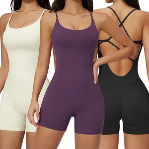 FLT3091 Cross Back Deep U Neck Sleeveless Short One Piece Jumpsuit Hip-lifting Pleated Micro-lingerie-style Yoga Outfit