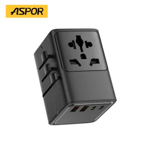Aspor 65W Global Journey Adapter, GaN Rapid Power Brick with 4 Integrated Plugs, 5-Port Charging, Compact Style for Smartphones Travel Charger