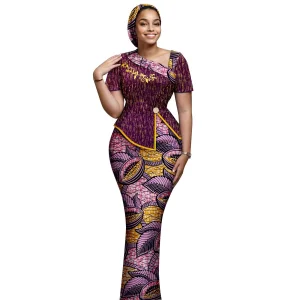 African Women Plus Size Cotton Summer Wedding Skirt Set with Short Sleeves Slim Fit Gown and Headwrap 2526056