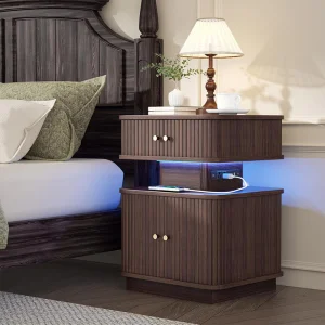 Modern American Style Stone Pattern Bedroom Bedside Cabinet Chain Doors Integrated LED Light Power Outlet Double-Layer Storage