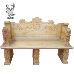 Outdoor Decorative Man Made Beige Marble Stone Carved Lion Statue Bench