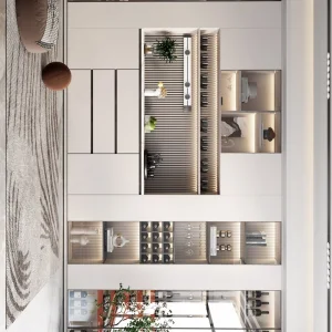 Armário de Vinho Alto Branco Arqueado Personalizado para Cozinha, Sala de Estar e Sala de Jantar, Móvel de Armazenamento e Exposição de Vinho em Madeira de Carvalho Sólido com Portas de Vidro
