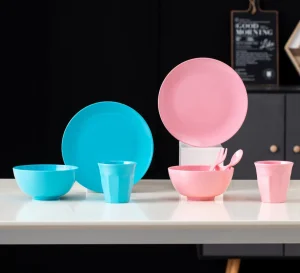 Melamine Plates Set Big Size Salad Plates, Colorful Tablewares, Gray Plate with Crackle