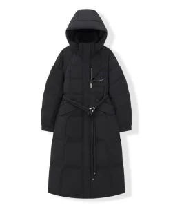 Women's Winter Thick Belted Coat Waterproof Parka Zipper Closure Knee Slim Puffer Jacket Warm Coats Featuring Logo Decoration