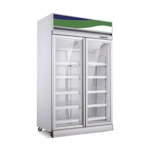 Commercial Double Door Glass Display Refrigerator Upright Beverage Cooler for Supermarket