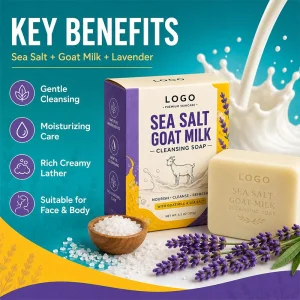 Sabonete de Limpeza com Sal Marinho Mineral ODM, Limpeza Suave e Profunda, Leite de Cabra Nutritivo, Lavanda Calmante, Para Todos os Tipos de Pele