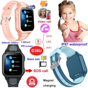 Fashion Design 4G IP67 Waterproof Smart Student kids safety Watch Tracker GPS with video call for security tracking D36U