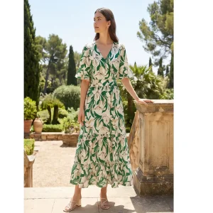 Vestido Midi Floral Verde Feminino com Decote em V