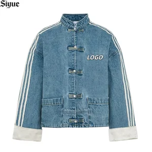 2026 Custom Logo Men's Denim Jacket Chinese Traditional Frog Button Stand Collar Oversized Streetwear Striped Sleeve Jean Outfit