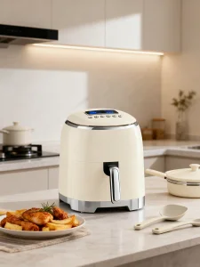 2026 New Eye-Catching Cream Round Digital Air Fryer Healthy Oil-Less Cooking Compact Kitchen Appliance with Sleek Home Design