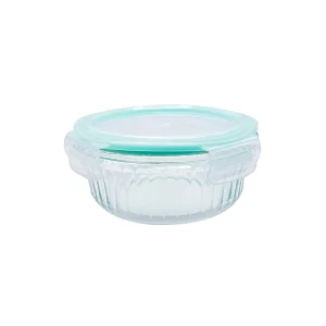 Child-Safe Striped Glass Storage with Secure PP Locking Cover, Microwave/Freezer Safe for Family Use 390ml