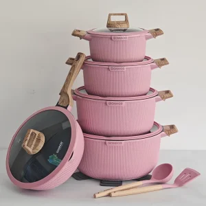 Premium Non-stick Cookware Set with Heat-Resistant Wooden Handles, 15-Piece Kitchen Cookware for Frying, Boiling &amp; Stewing