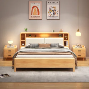 Simple Nordic Style Solid Rubber Wood Eco-Friendly Durable Space Saving Bedroom Furniture Modern Design Full Size Bed Frame