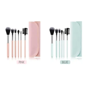 Mini Pink Makeup Brush Set with Bag and Eyebrow Shaper
