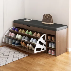 Hanyee 2026 Modern Decorative Bamboo Leather Shoe Storage Bench Simple Style Entrance Area Shoe Cabinet Home Furniture