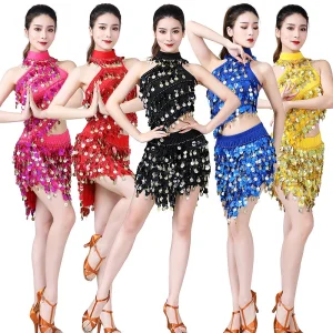 New Sexy Women's Sequin Tassel Backless High Neck Mini Club Dresses with Built-in Bra for Dance Show Costumes