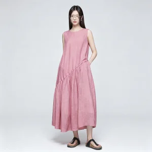 Vestido Maxi Flowy de Linho Puro Sem Mangas Rosa Envelhecido, Vestido Casual de Linho para Mulheres com Renda Diagonal
