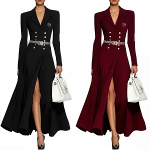 OEM XH-Fashion OEM ODM Gold Button Tailored Suit Dress, Custom Embroidery Geometric Waistband Split Front Luxury Long Dress Supplier, Factories