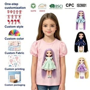 Custom Logo Girls Cotton Puff Sleeve T-shirt OEM Magic Tape Removable 3D Doll Kids Tops Summer Casual